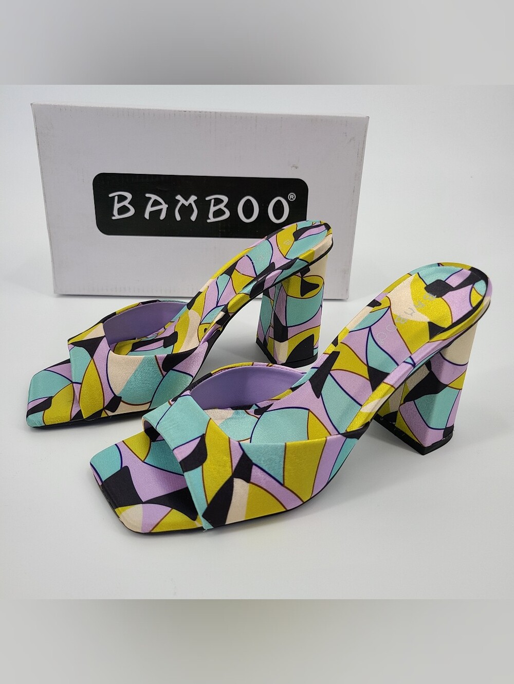 Bamboo Geometric Stained Glass Block Heel Slide Sandals Size 5 1/2